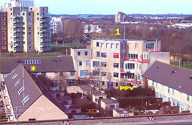 Local view of rental appartment complex with 22 solar panels on top of tower (1) and 6 on slanted roof (*); Polder PV lives on ground level (PPV).